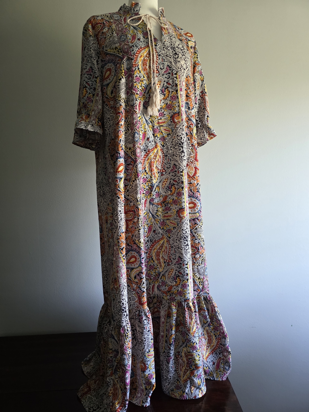 SHEIN Paisley Boho Maxi Dress Size XL 12 Multicolor Ruffle Hem Tassel Tie